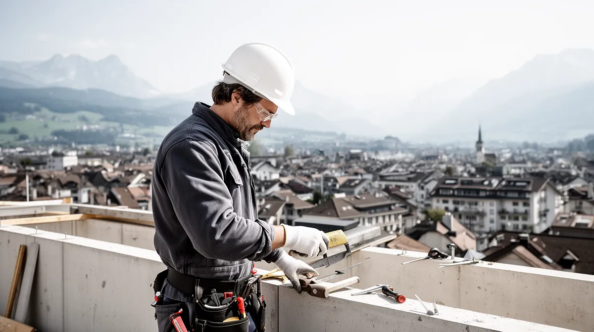 Ouvrier du bâtiment travaillant sur un chantier avec une vue panoramique de la ville.