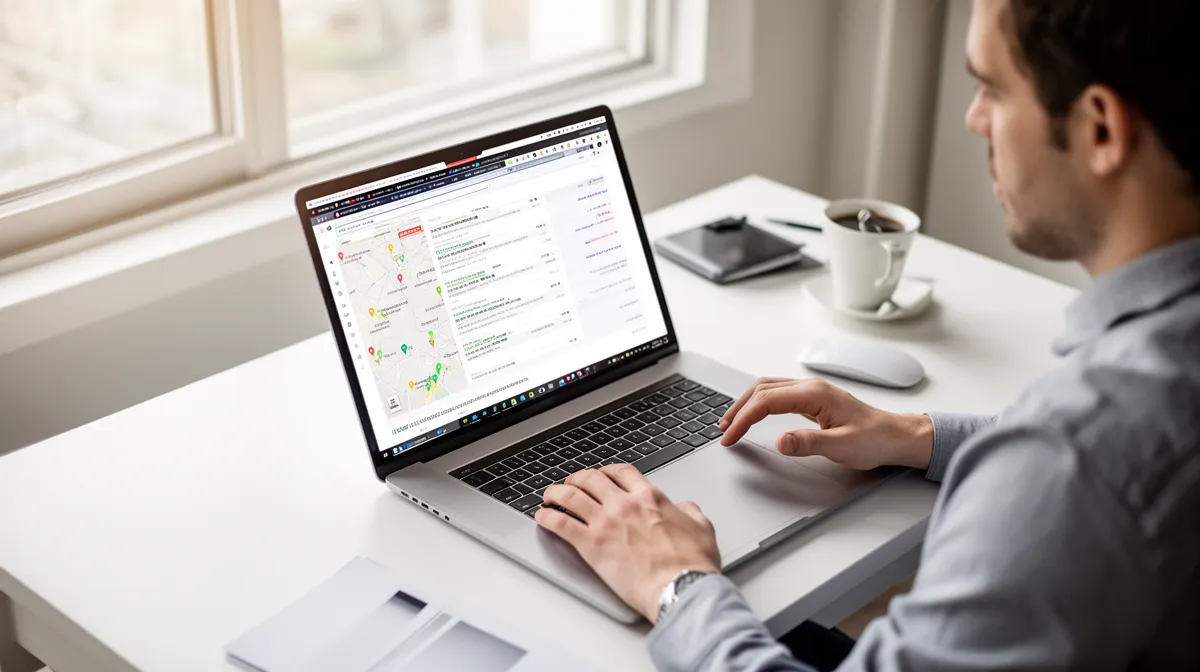Homme utilisant un ordinateur portable dans un bureau lumineux.