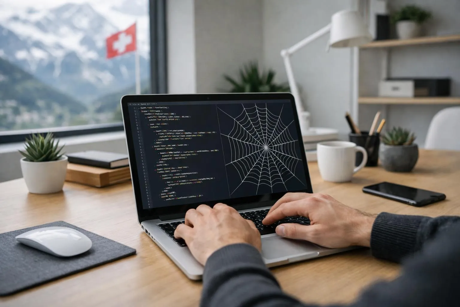 Ordinateur portable avec code informatique et toile d'araignée à l'écran, sur un bureau de travail.