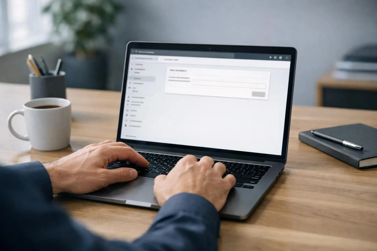 Homme d'affaires travaillant sur un ordinateur portable sur un bureau.