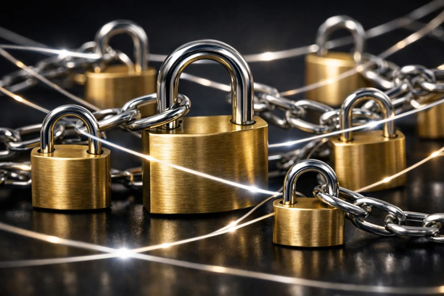 Cadenas dorés entrelacés dans un réseau de chaînes métalliques.