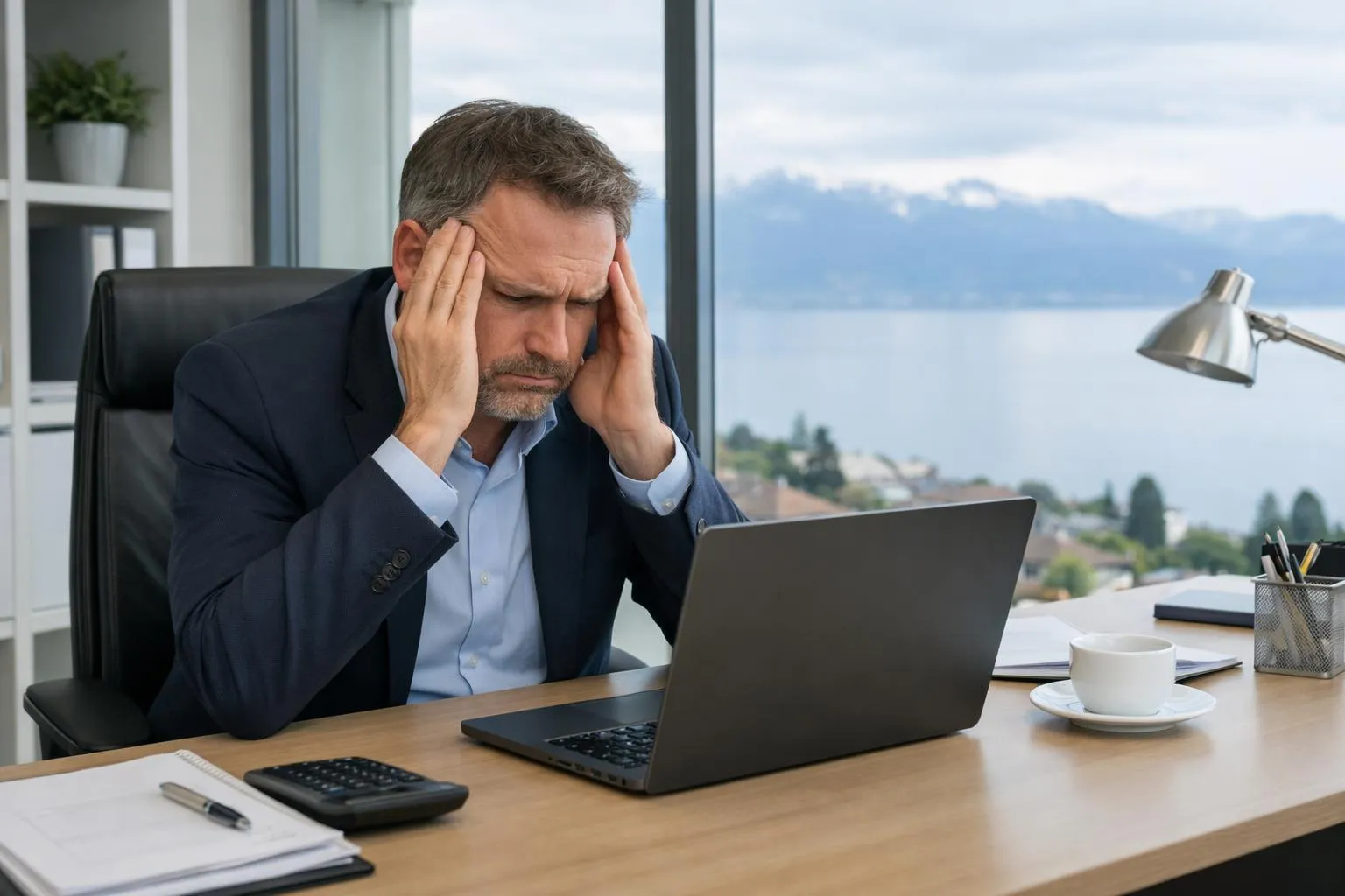 Homme d'affaires stressé travaillant sur un ordinateur portable dans un bureau.