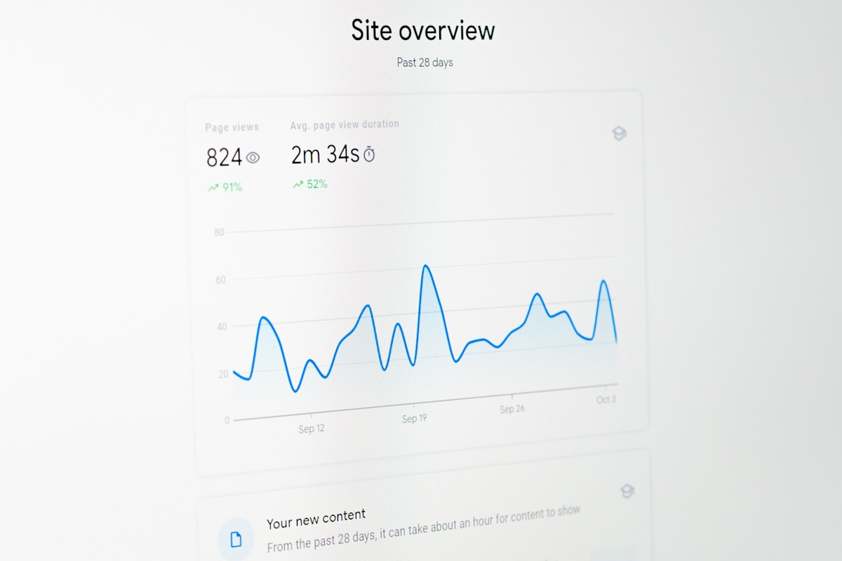 Graphique de l'aperçu du site Web avec statistiques sur les vues de pages et la durée moyenne de consultation.
