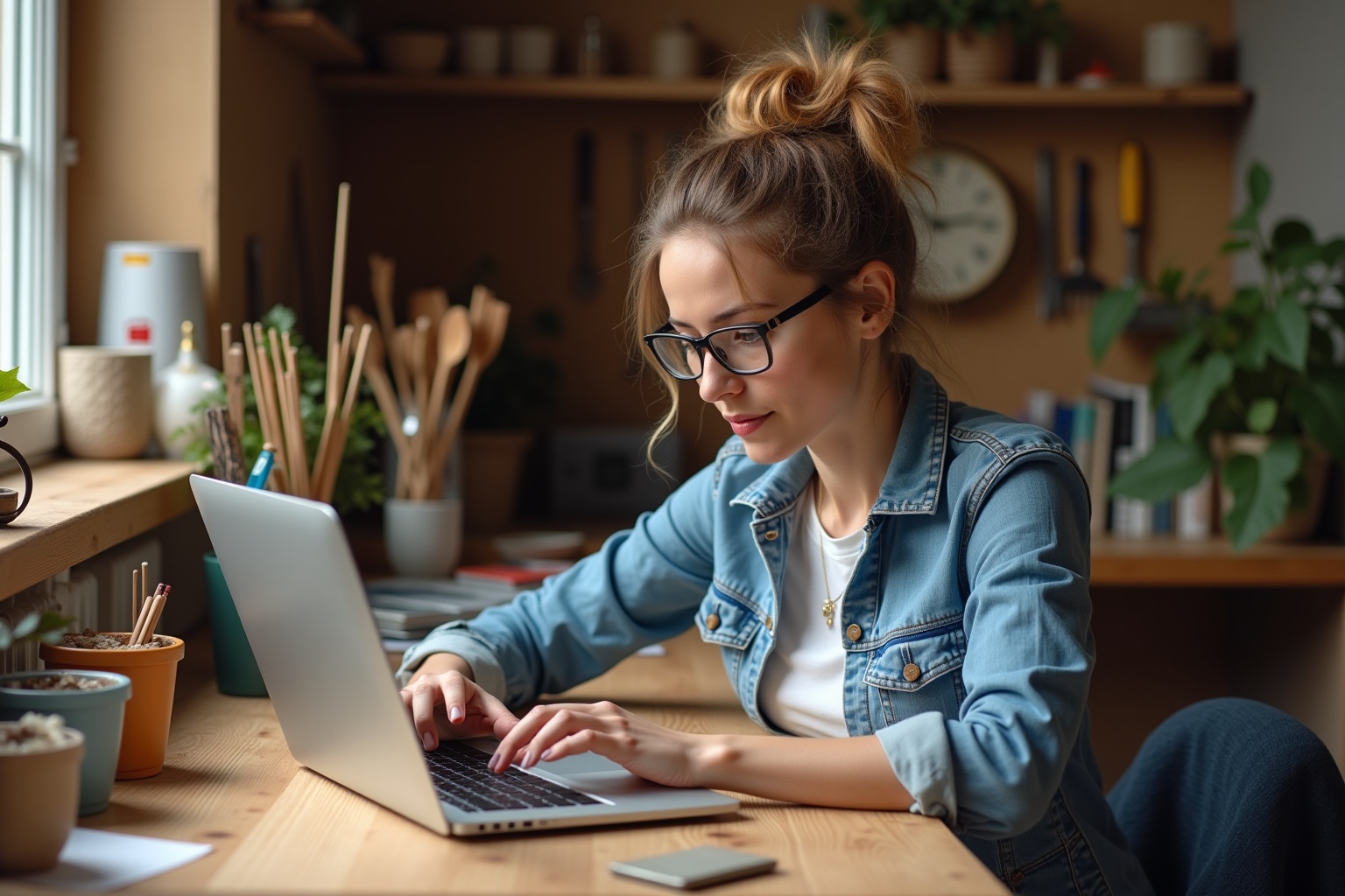 Jeune femme concentrée travaillant sur un ordinateur portable dans un bureau créatif.
