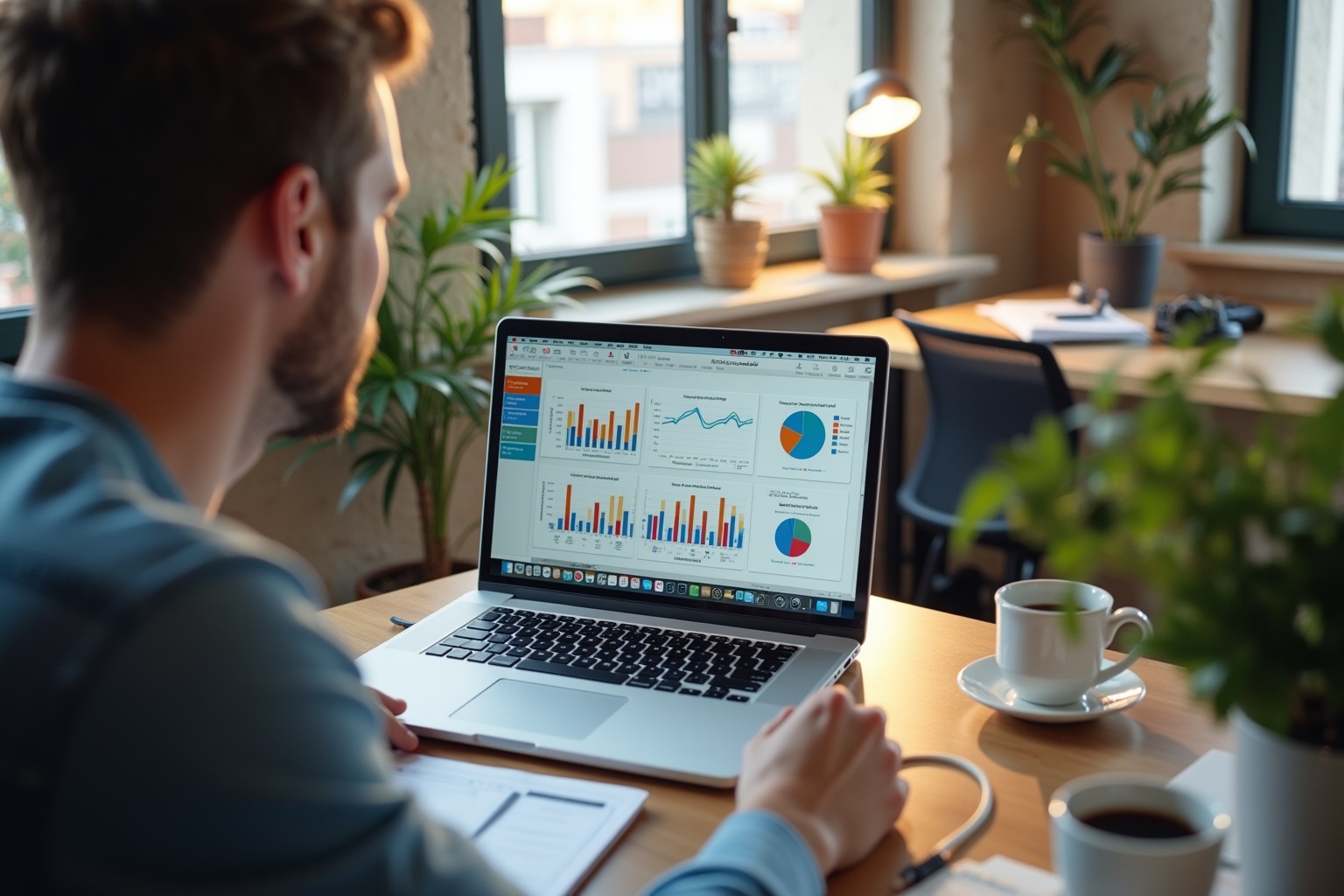 Homme analysant des données financières sur un ordinateur portable dans un bureau lumineux.