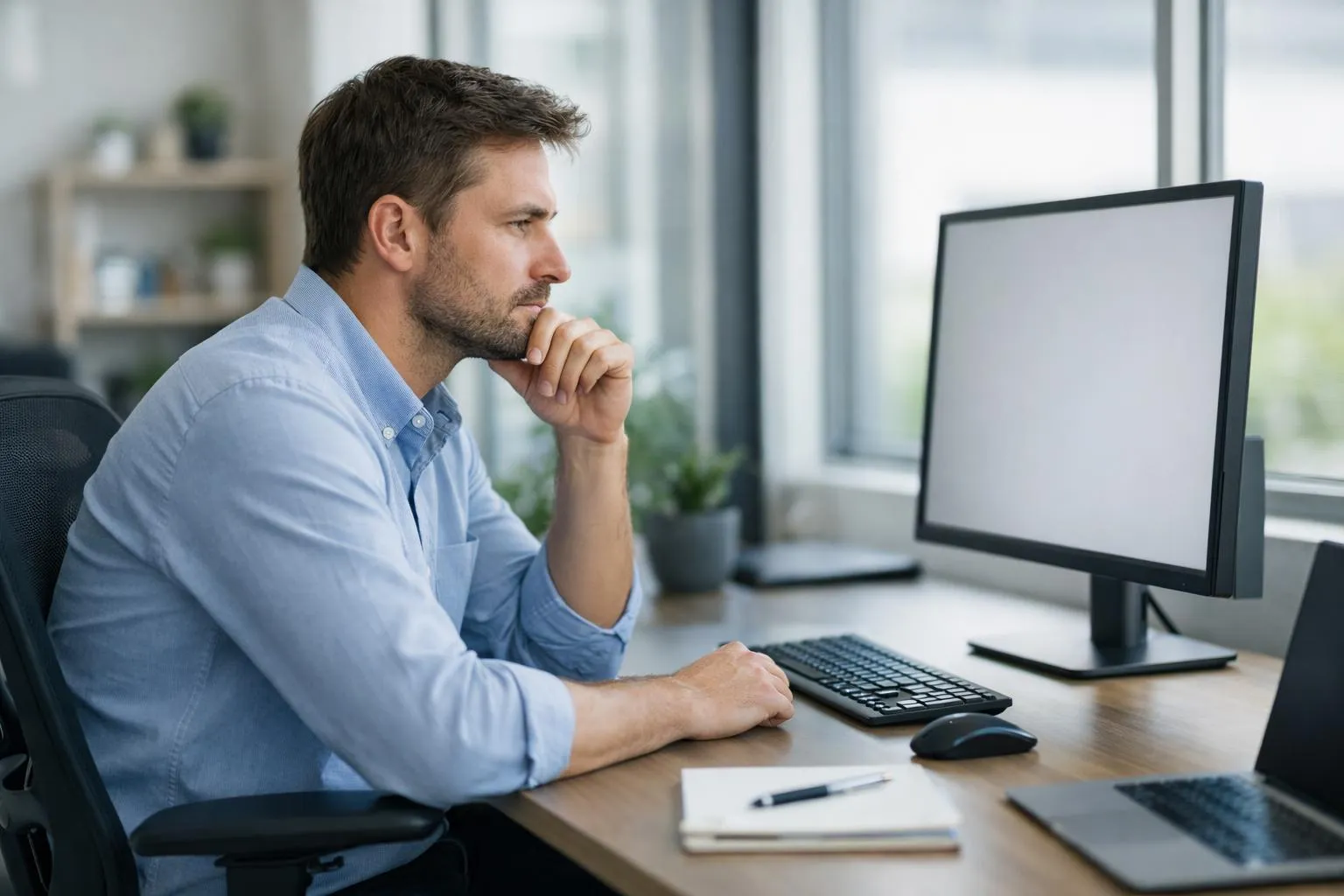 Homme d'affaires réfléchissant devant un ordinateur dans son bureau.