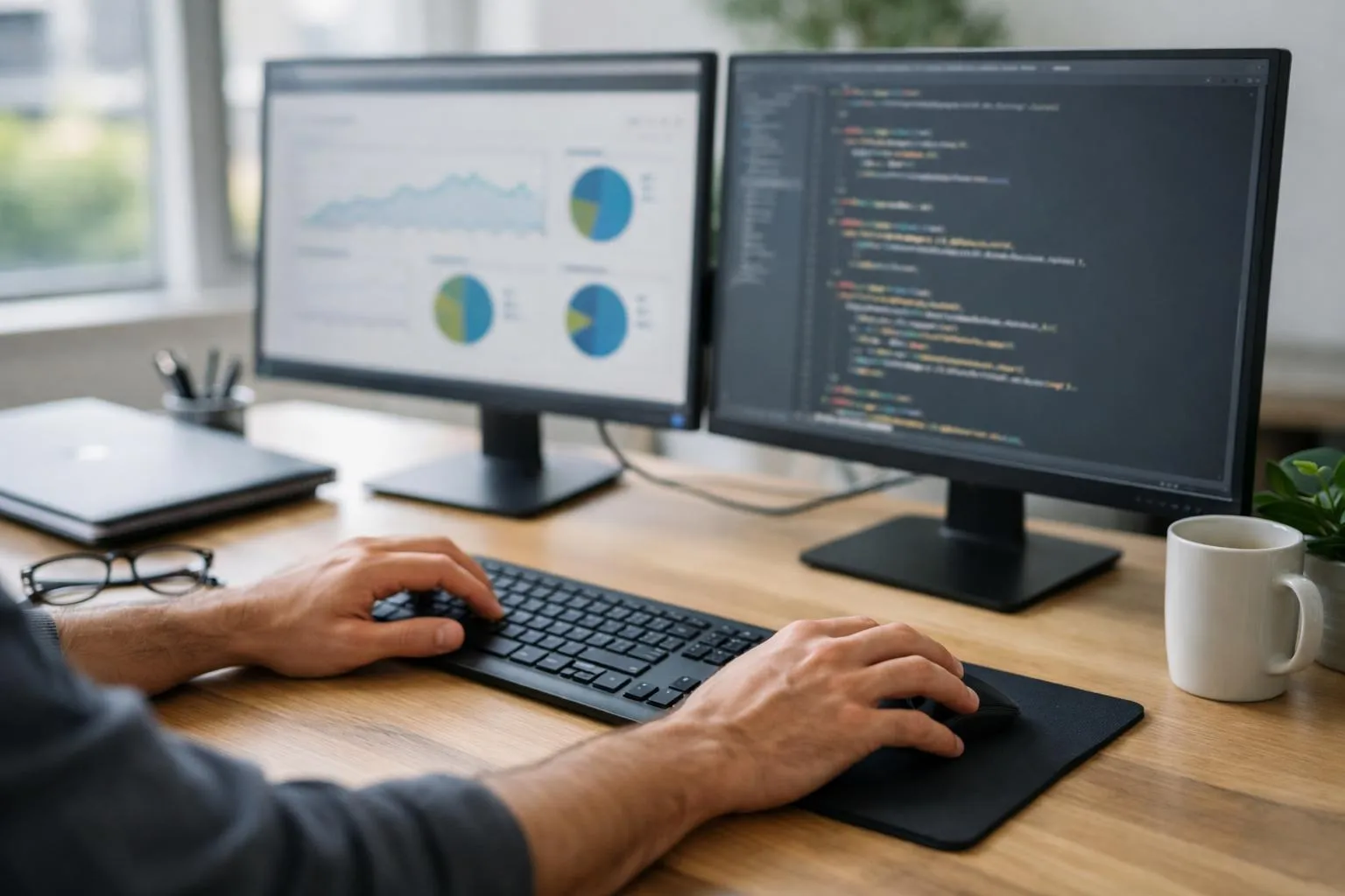 Bureau de travail avec deux écrans d'ordinateur, clavier et souris.