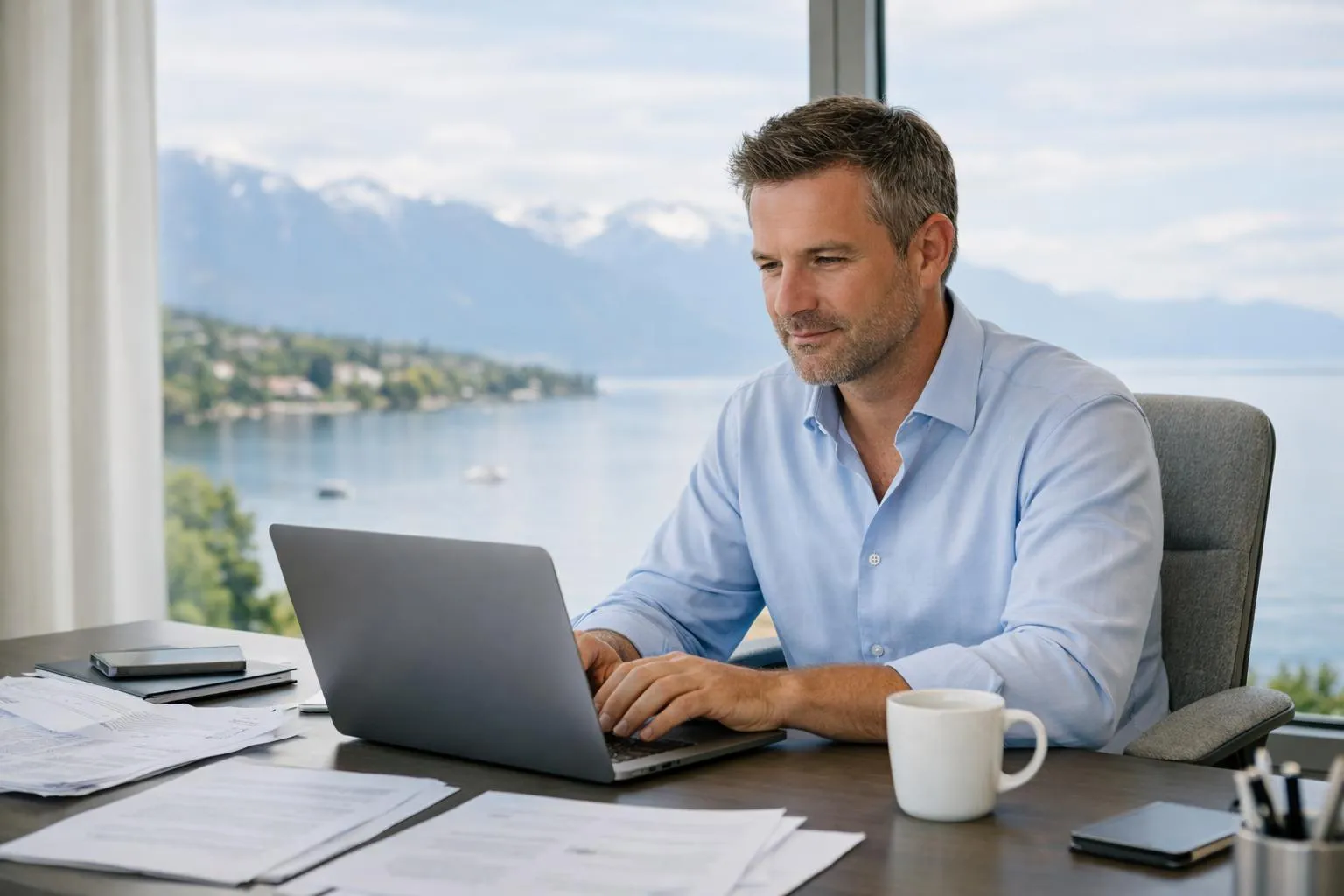 Un homme d'affaires travaillant sur un ordinateur portable avec une vue panoramique sur un lac et des montagnes.