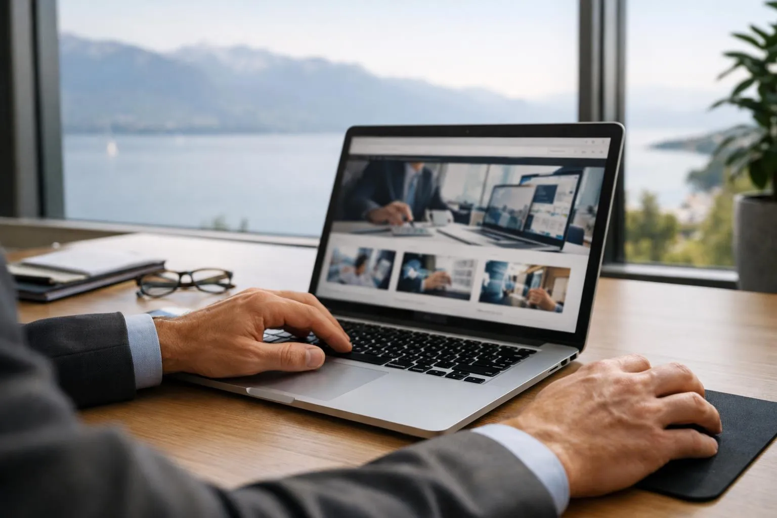 Homme d'affaires travaillant sur un ordinateur portable avec vue panoramique.
