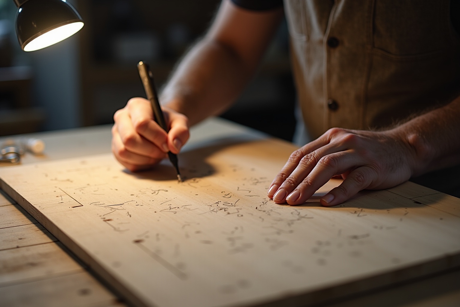 Mains écrivant des calculs mathématiques sur un bureau sombre.