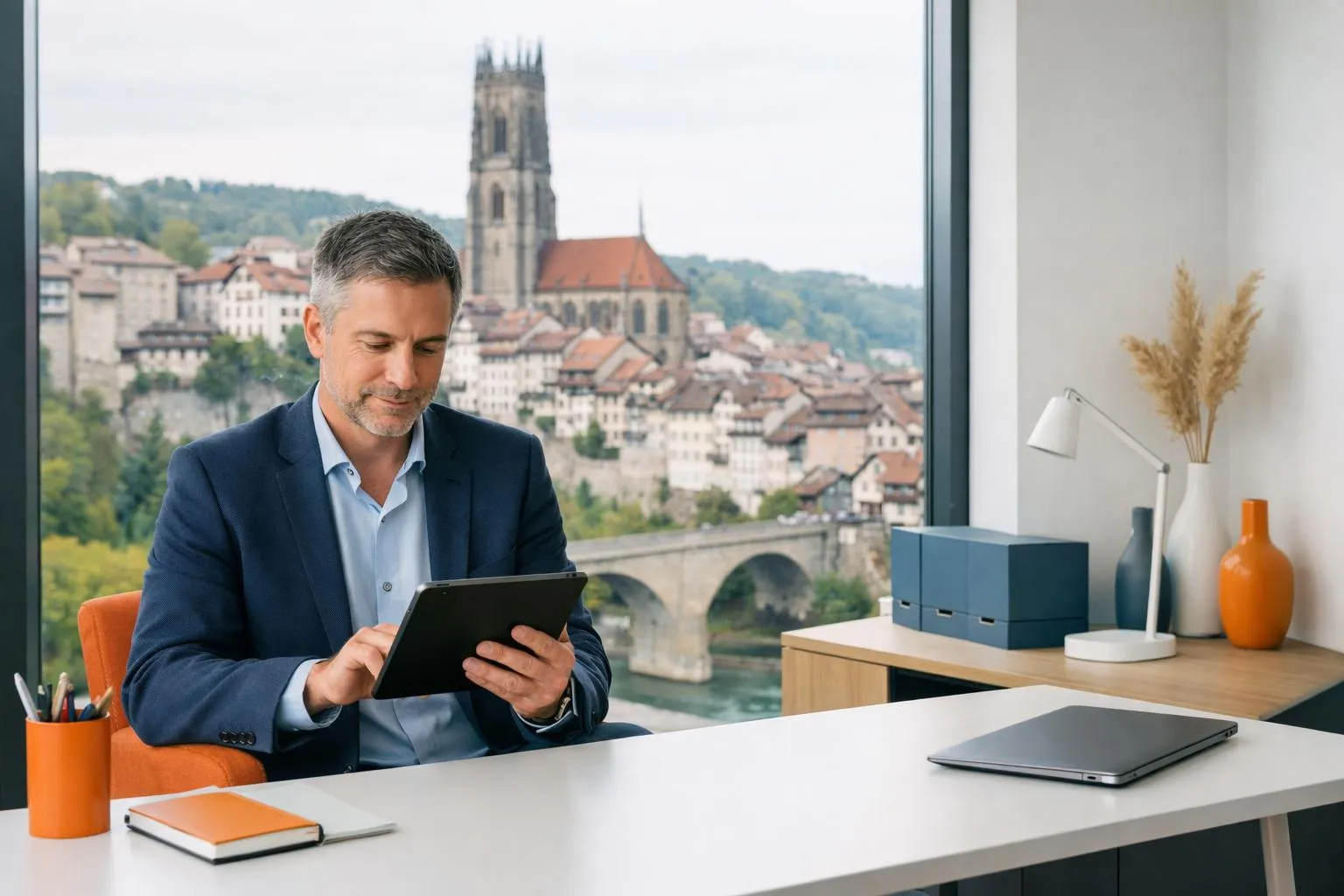 Homme d'affaires travaillant avec une tablette dans un bureau avec une vue panoramique sur la ville.