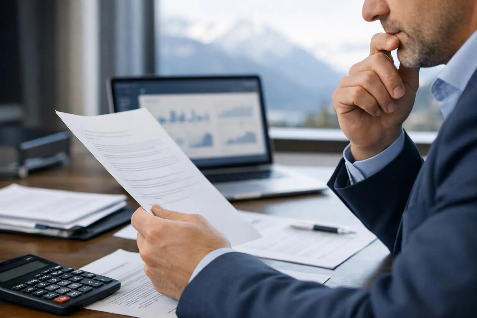 Homme d'affaires concentré examinant des documents sur son bureau.