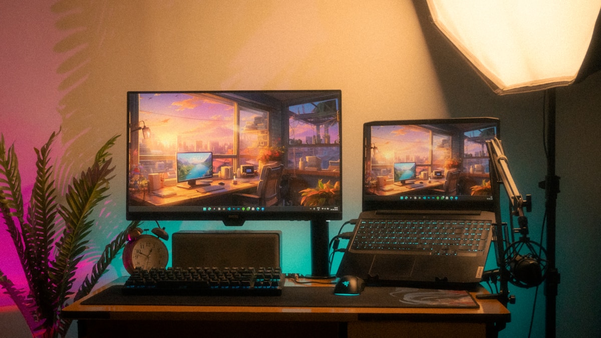 Bureau de jeu avec écrans, ordinateurs portables et accessoires.