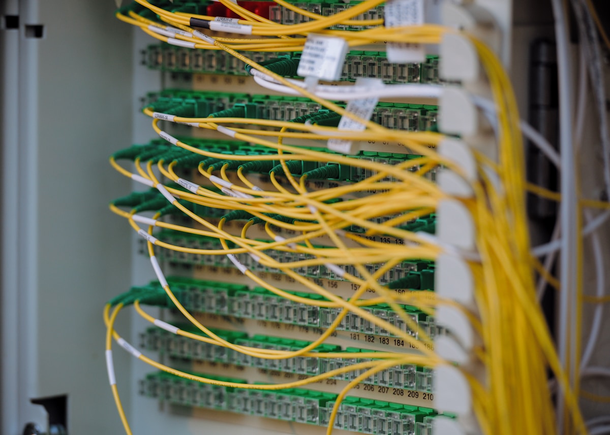Câbles de fibre optique jaunes et verts dans un rack de serveurs.
