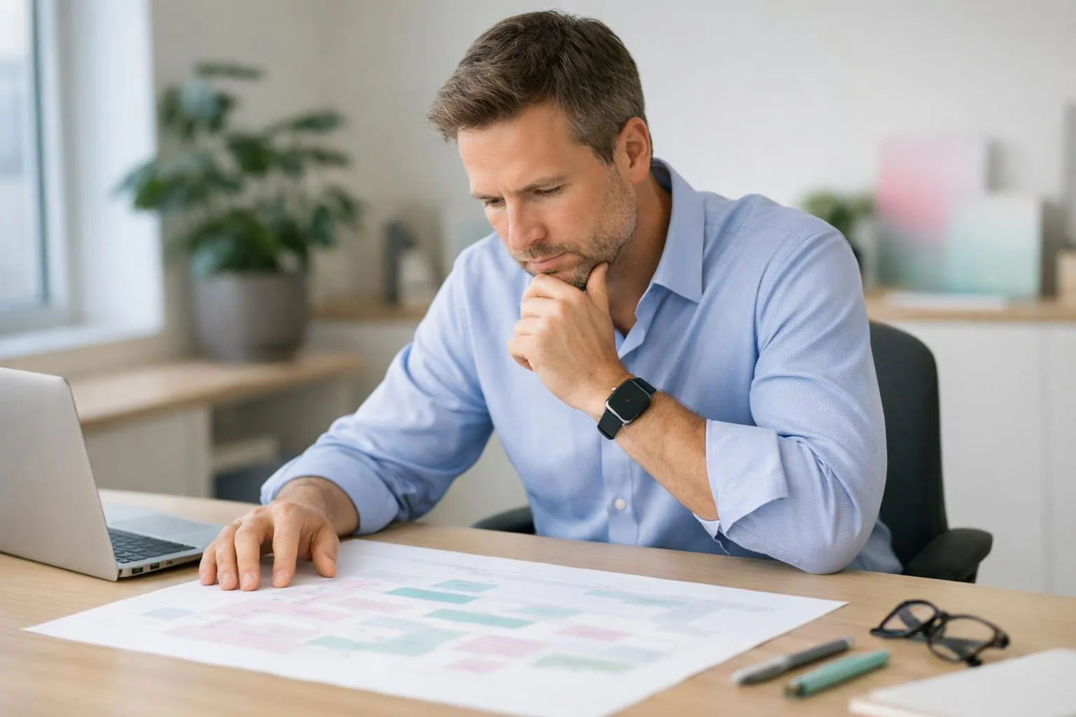 Homme d'affaires concentré examinant des graphiques sur son bureau.