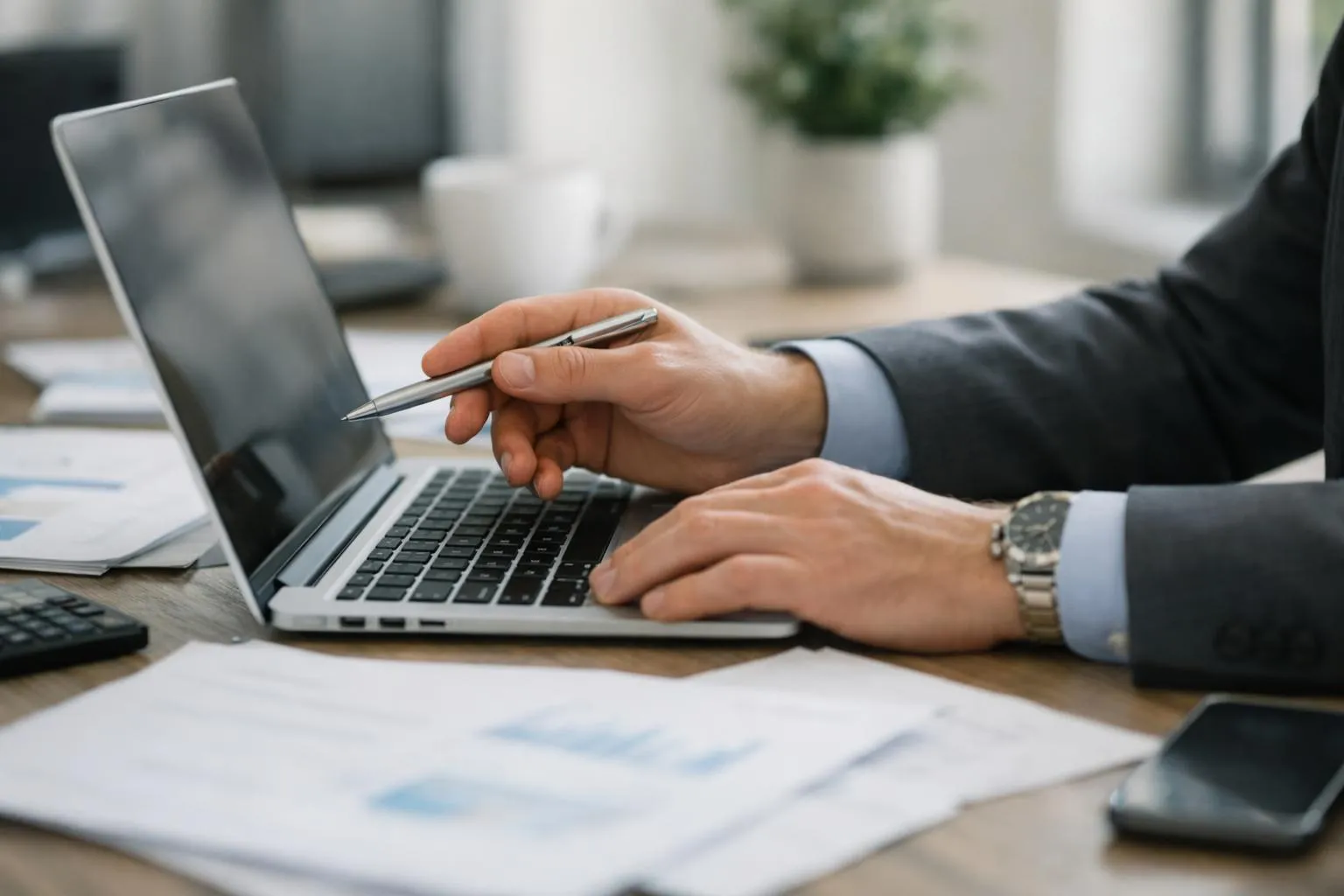 Homme d'affaires travaillant sur un ordinateur portable dans un bureau.