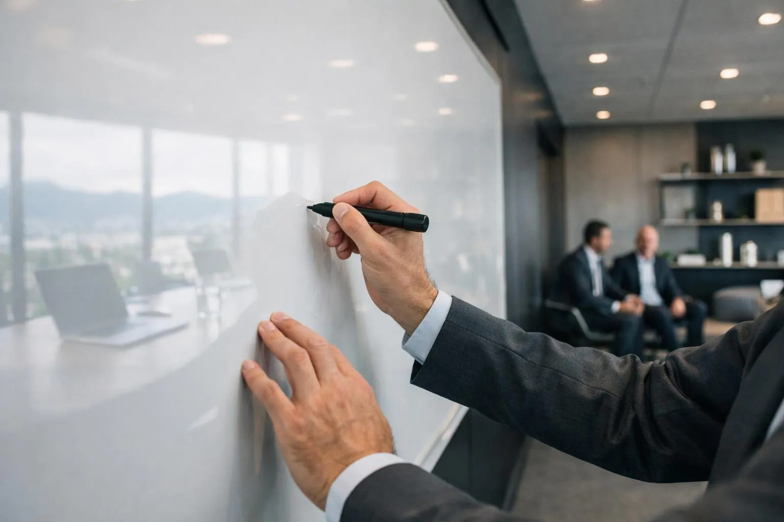 Homme d'affaires écrivant sur un tableau blanc dans un bureau moderne.