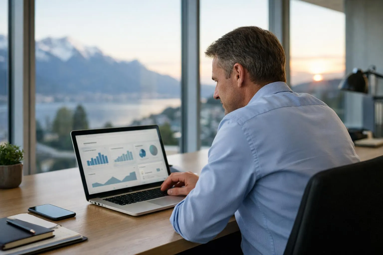 Homme d'affaires analysant des données sur un ordinateur portable avec vue sur les montagnes.