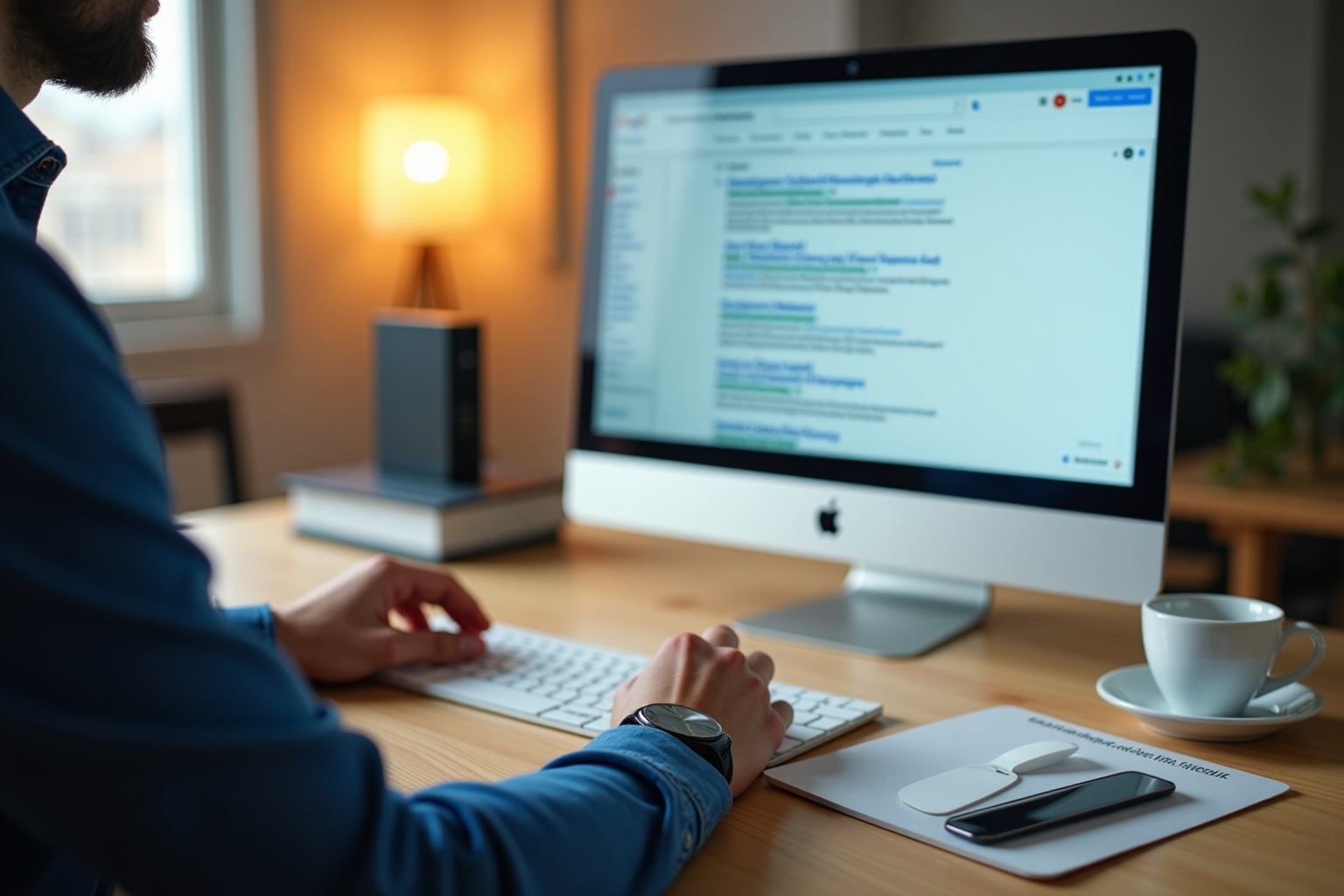Homme travaillant sur un ordinateur dans un bureau confortable.