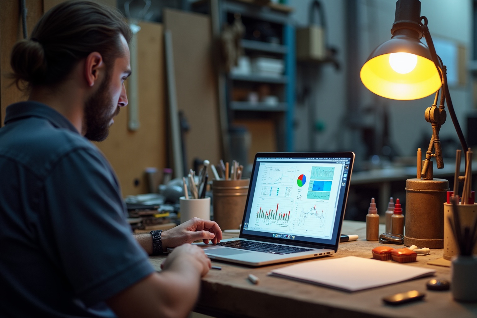 Homme barbu travaillant sur un ordinateur portable dans un atelier.