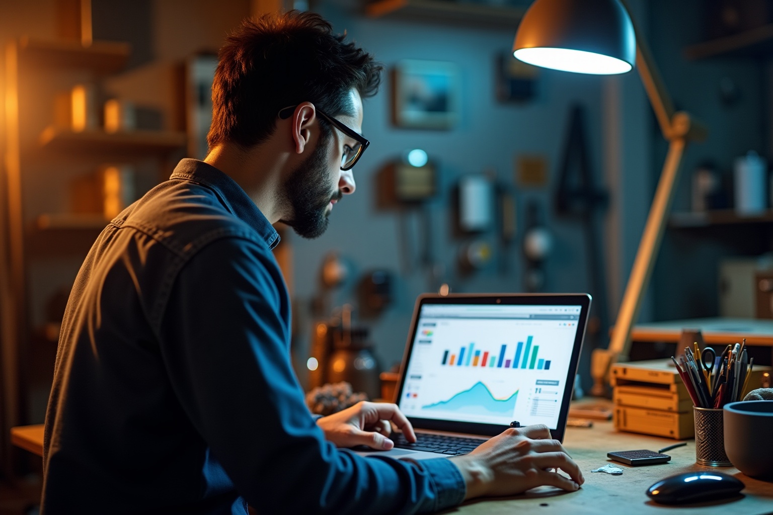 Homme barbu travaillant sur un ordinateur portable dans un bureau sombre.