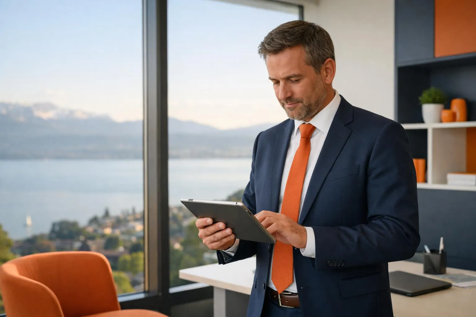 Homme d'affaires utilisant une tablette numérique dans un bureau avec vue panoramique.