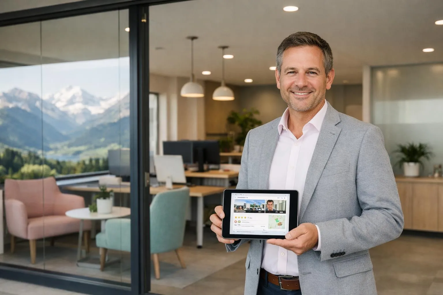 Homme d'affaires souriant tenant une tablette avec une interface utilisateur.