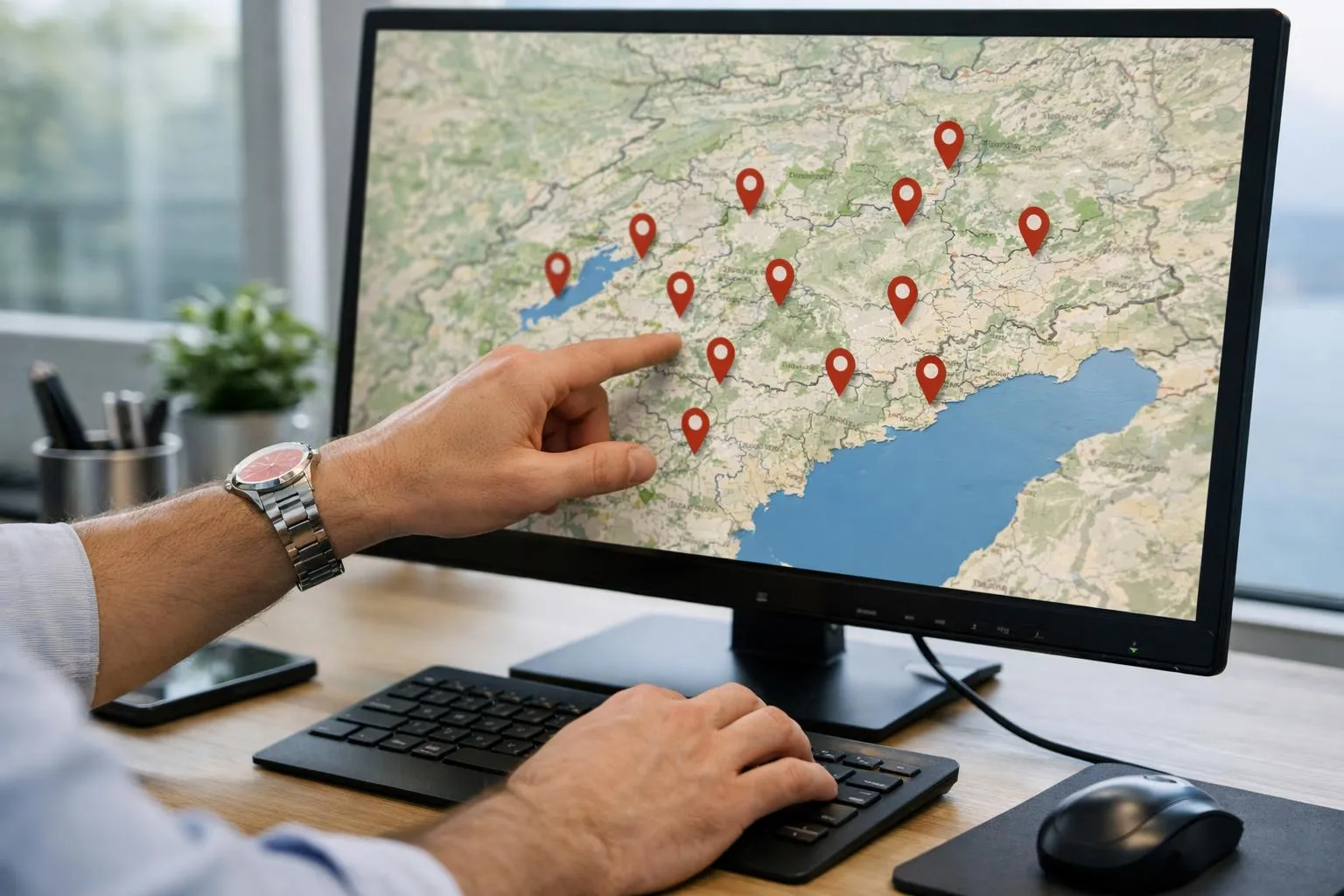 Carte géographique avec des marqueurs rouges indiquant des emplacements.