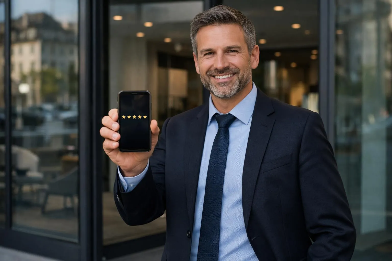 Homme d'affaires souriant tenant un téléphone avec des étoiles de notation.