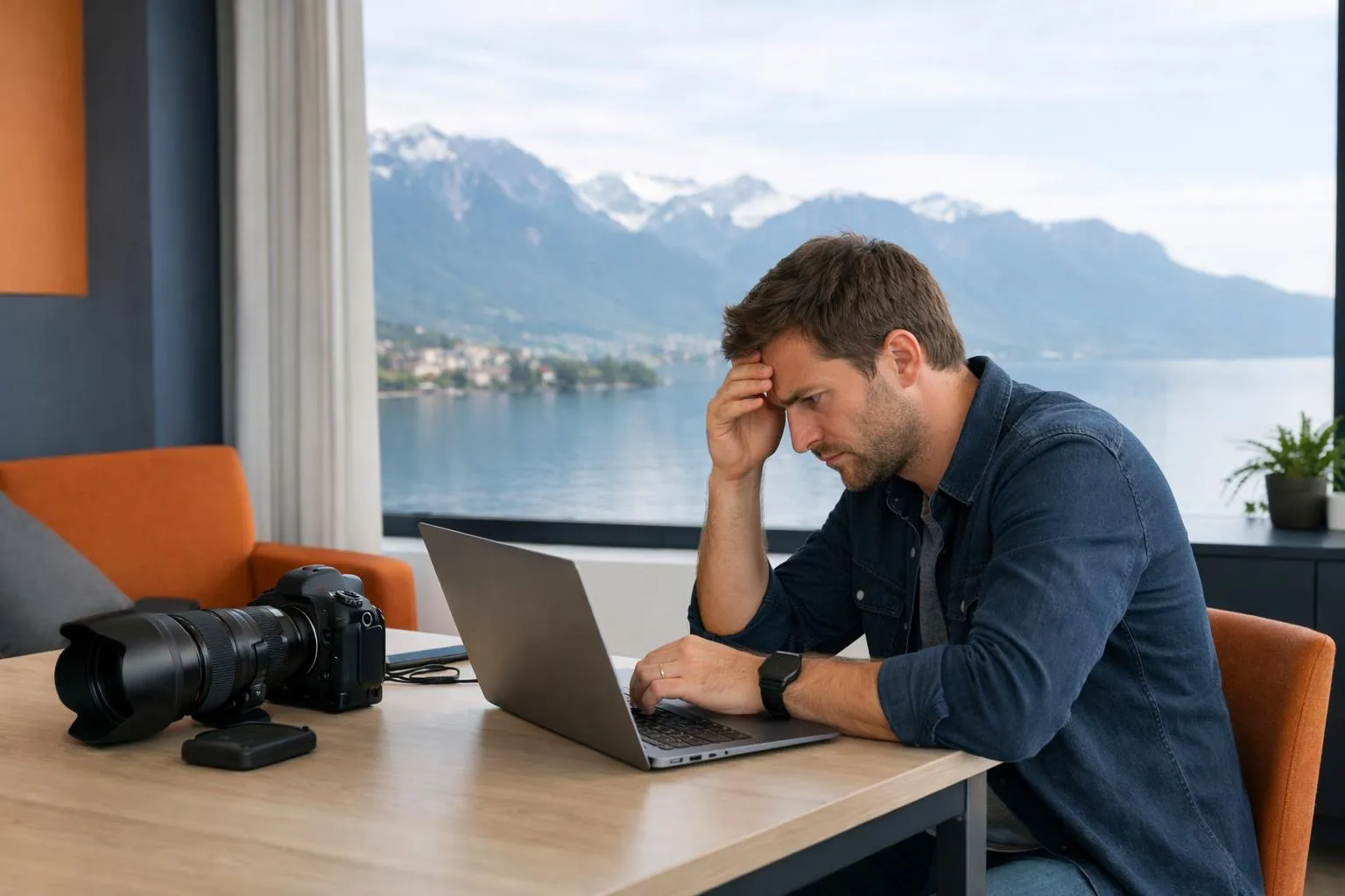 Homme stressé travaillant sur ordinateur portable avec vue sur lac et montagnes.