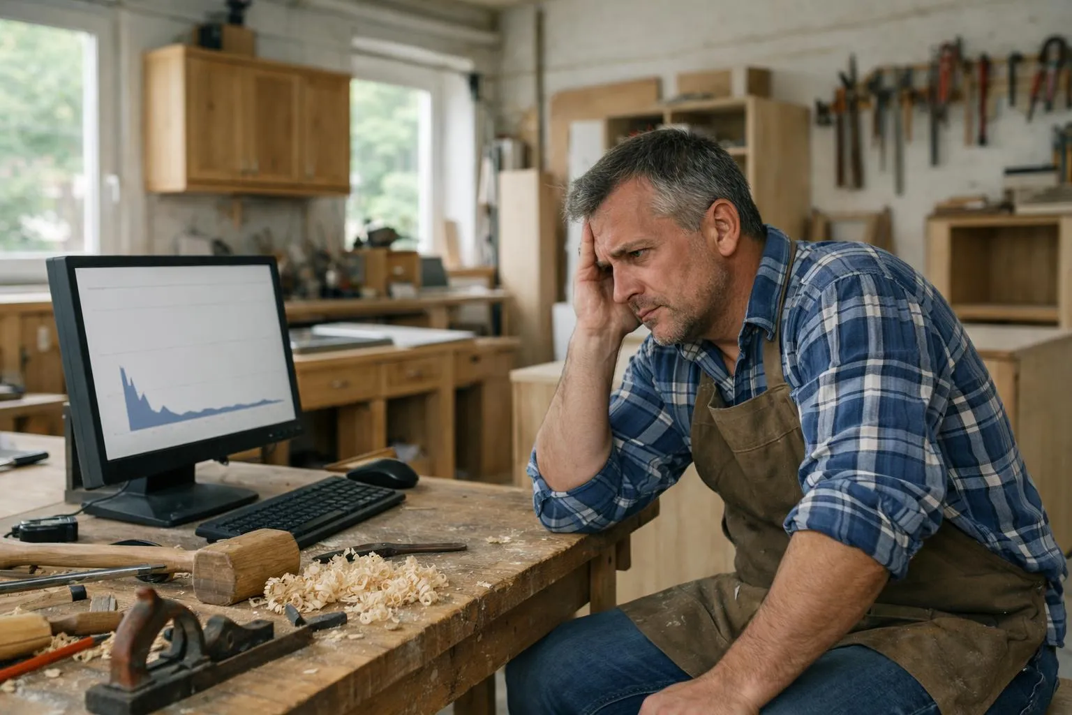 Homme travaillant dans un atelier de menuiserie, l'air préoccupé devant son ordinateur.