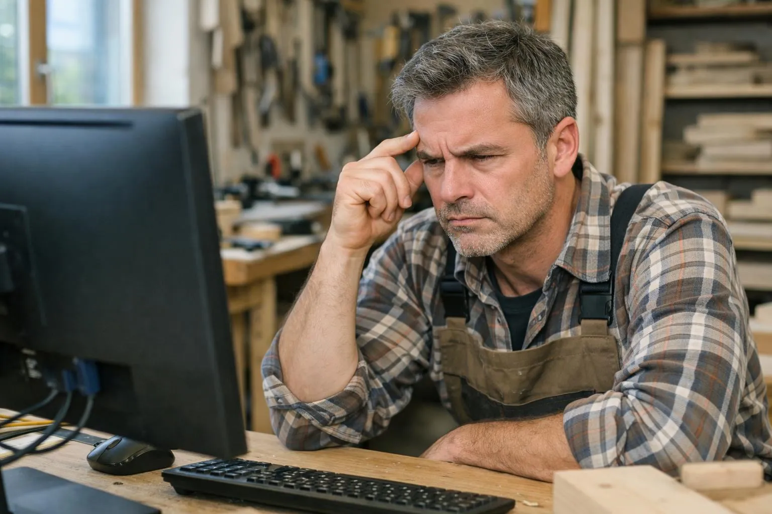 Homme mûr concentré sur son travail dans son atelier.