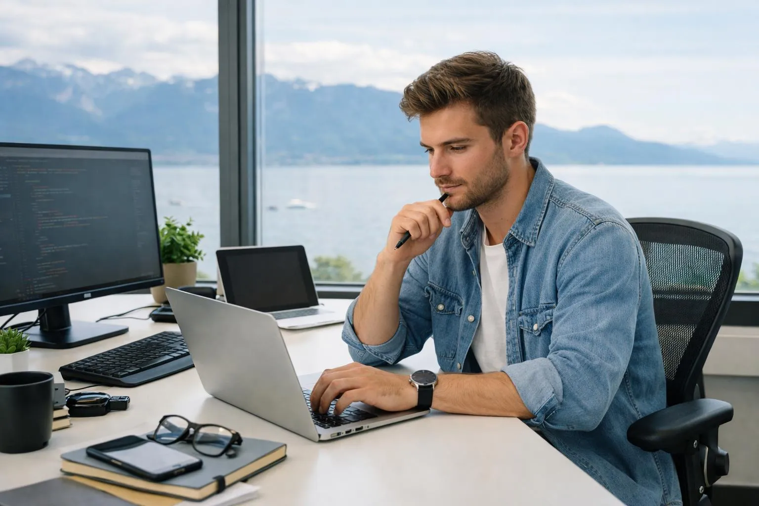 Un homme travaillant sur un ordinateur portable dans un bureau avec vue sur la montagne.