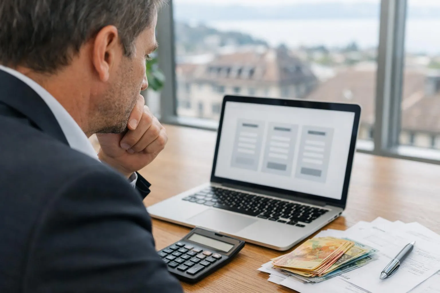 Homme d'affaires concentré examinant des documents financiers sur son ordinateur portable.