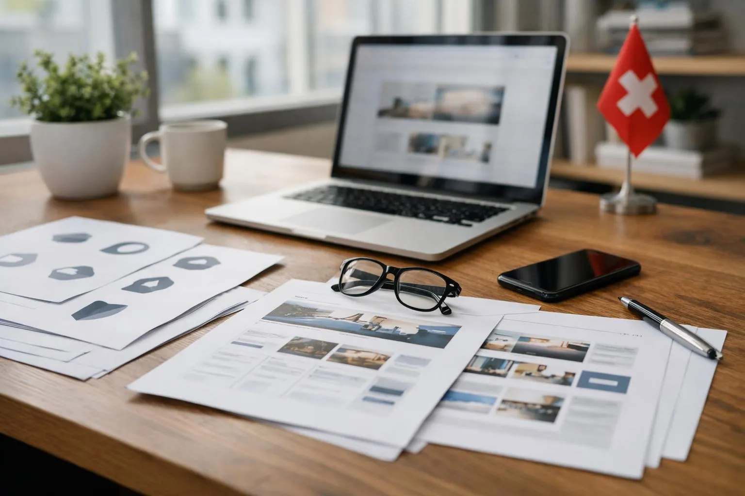 Bureau de travail avec ordinateur portable, photos, lunettes et accessoires.