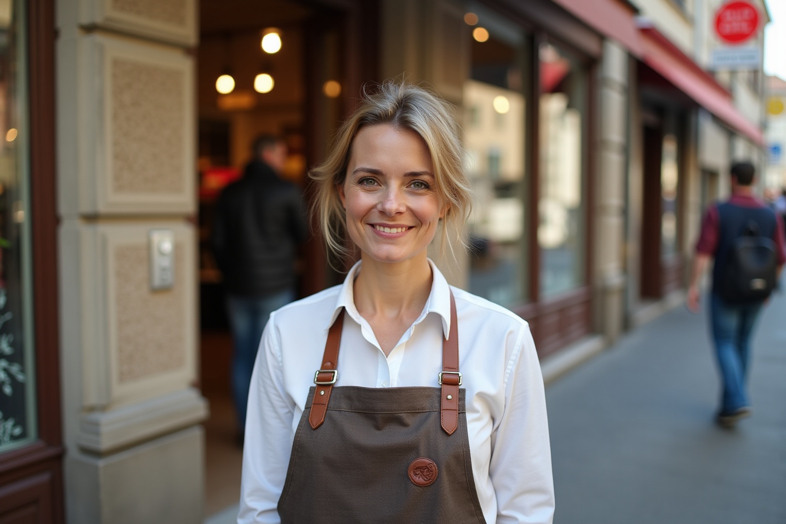 Femme souriante en tablier brun debout devant un bâtiment.