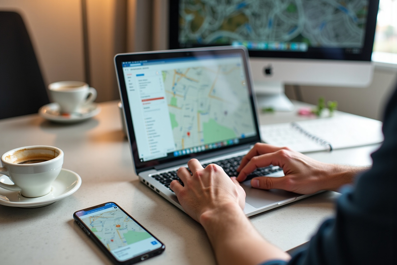 Ordinateur portable affichant une carte, smartphone avec application de navigation, tasses de café sur un bureau.