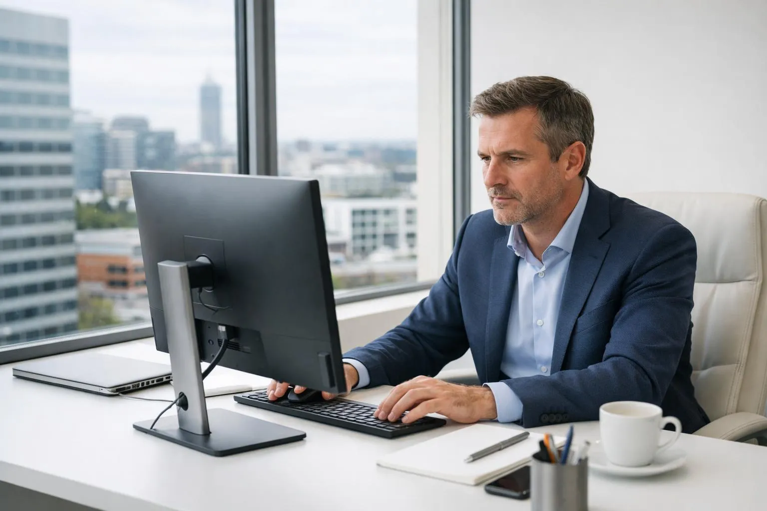 Homme d'affaires concentré travaillant sur ordinateur dans un bureau avec vue sur la ville.