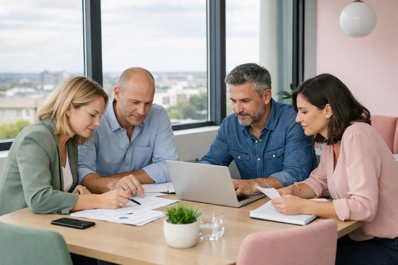 Groupe de personnes travaillant ensemble sur un ordinateur portable dans un bureau moderne.