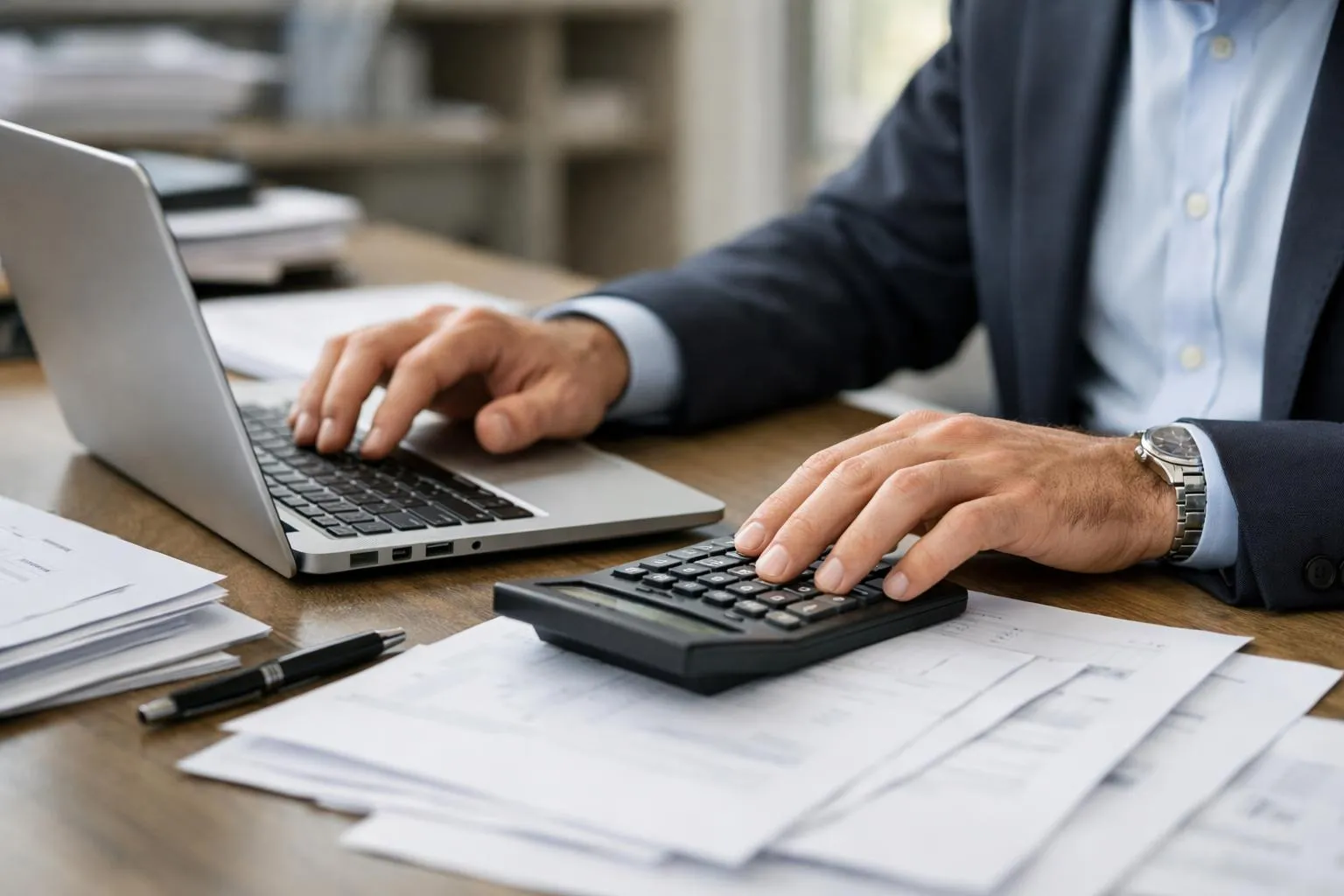 Homme d'affaires travaillant sur ordinateur portable et calculatrice au bureau.