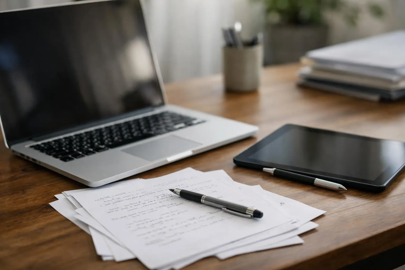 Bureau de travail avec ordinateur portable, documents manuscrits et tablette numérique.