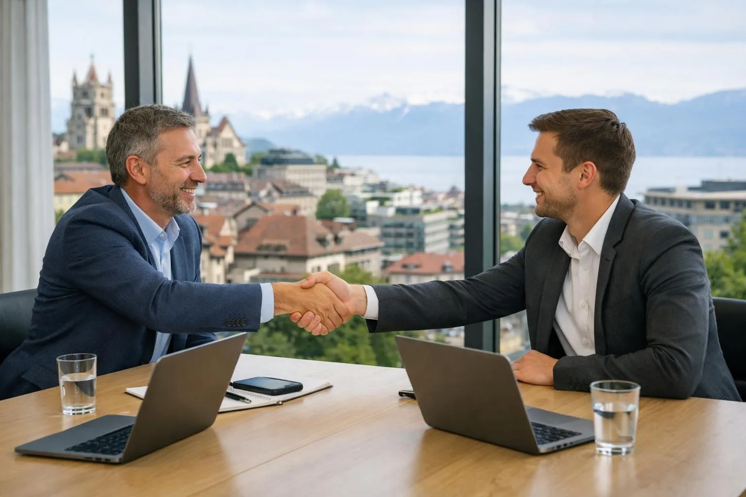 Deux hommes d'affaires se serrant la main dans un bureau avec une vue panoramique.