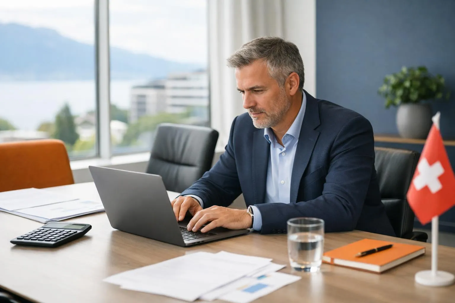 Homme d'affaires mature travaillant sur un ordinateur portable dans un bureau avec vue sur la montagne.