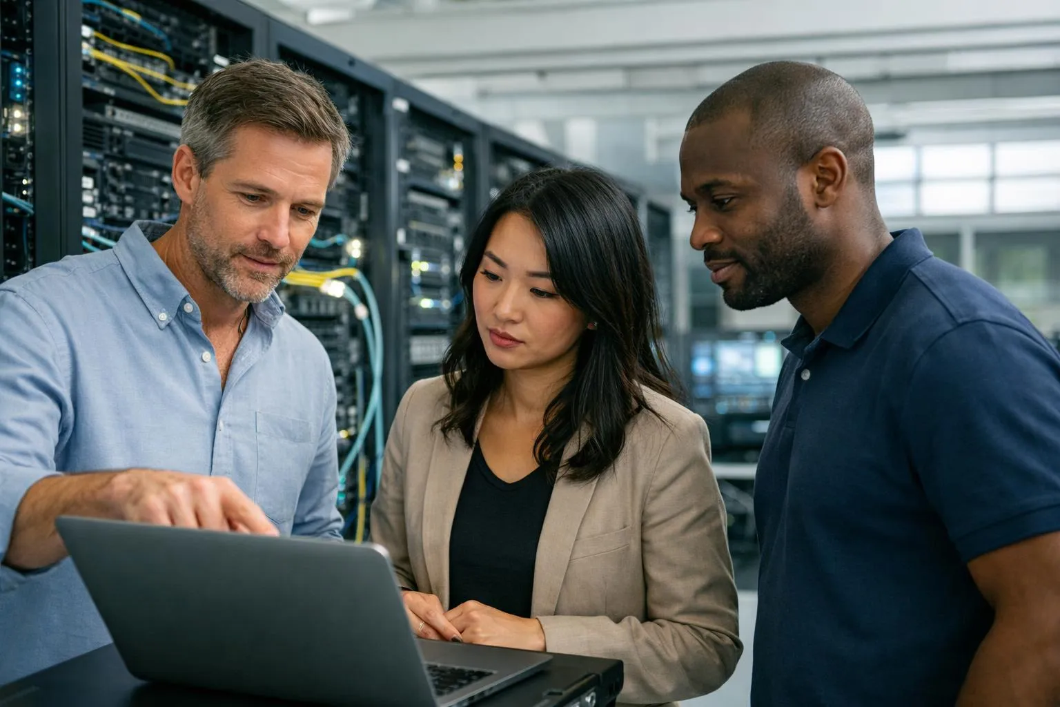 Trois professionnels informatiques examinent un ordinateur portable dans une salle des serveurs.