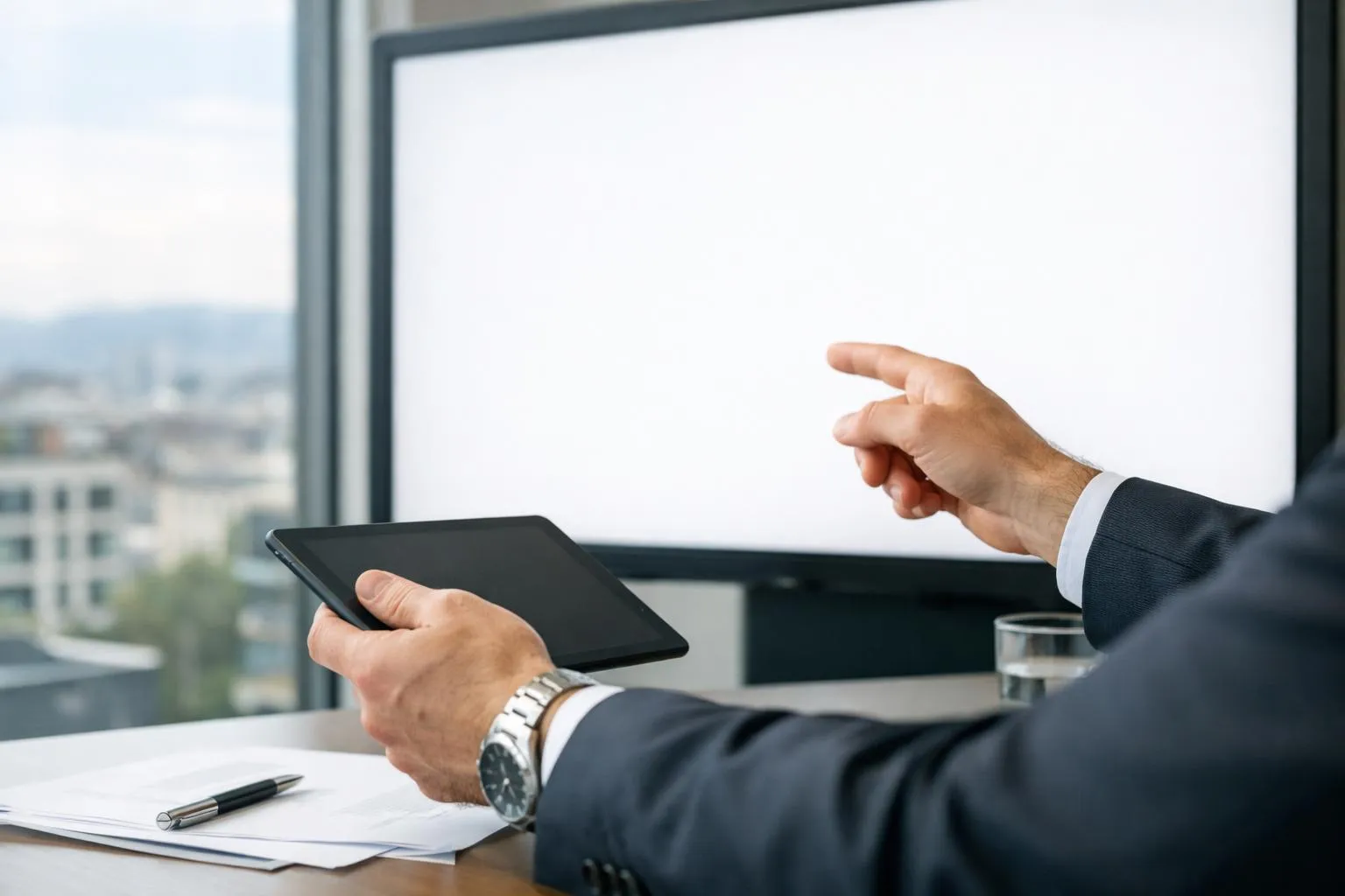 Homme d'affaires utilisant une tablette et pointant vers un écran.