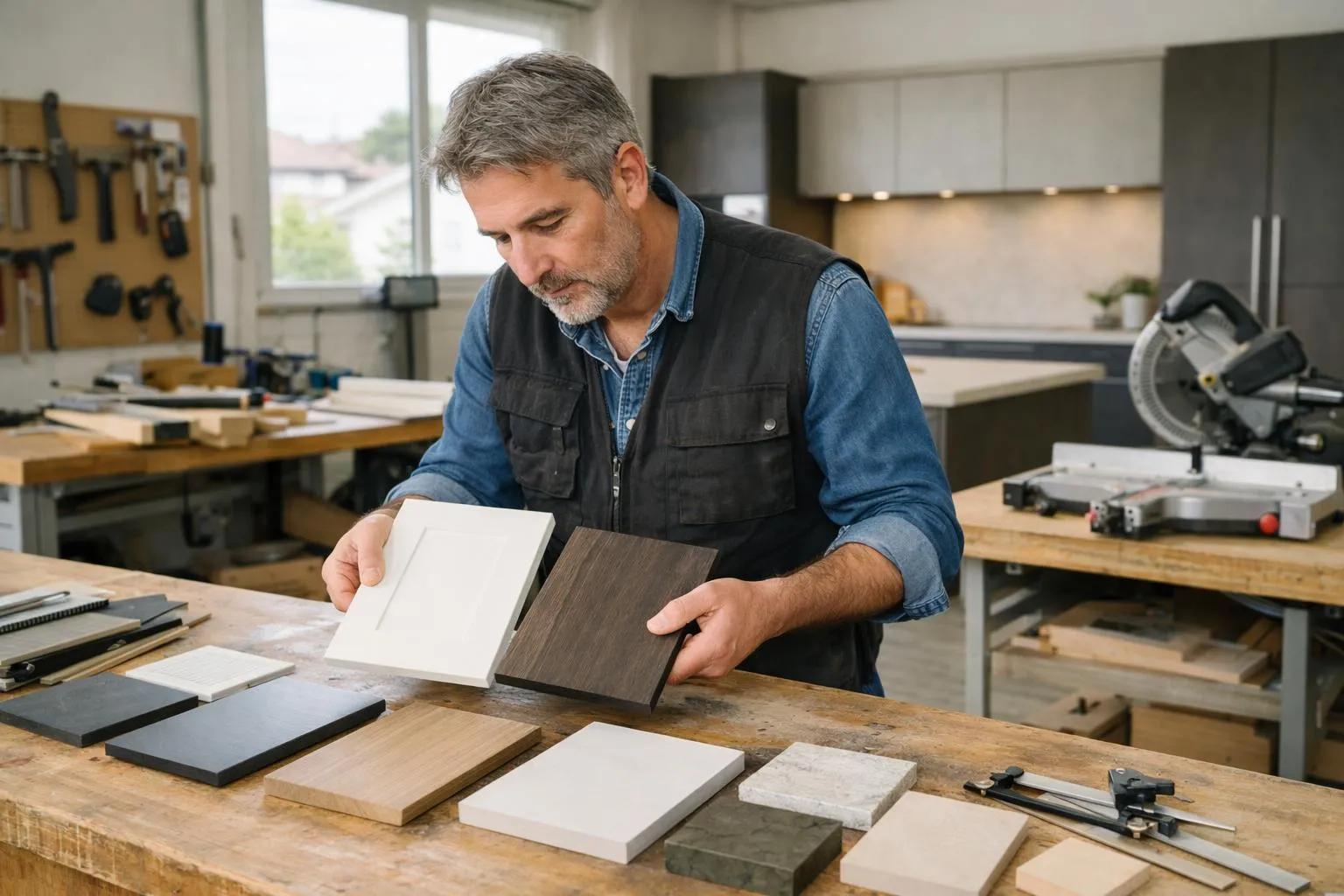 Homme mature travaillant avec des matériaux de construction dans un atelier.
