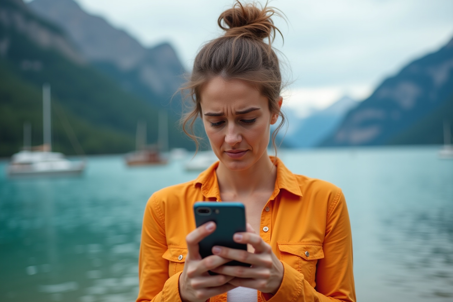 Femme en veste jaune utilisant un téléphone portable devant un paysage de montagne.