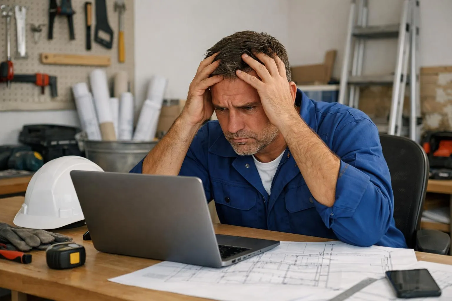 Un homme stressé travaillant sur un projet dans son atelier.