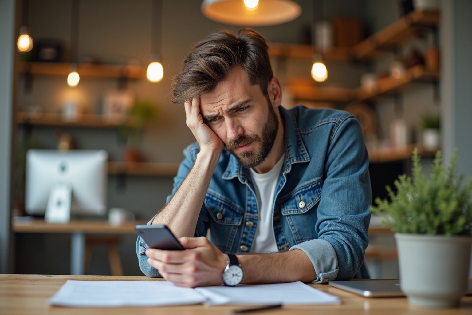 Homme barbu stressé utilisant un téléphone portable au bureau.