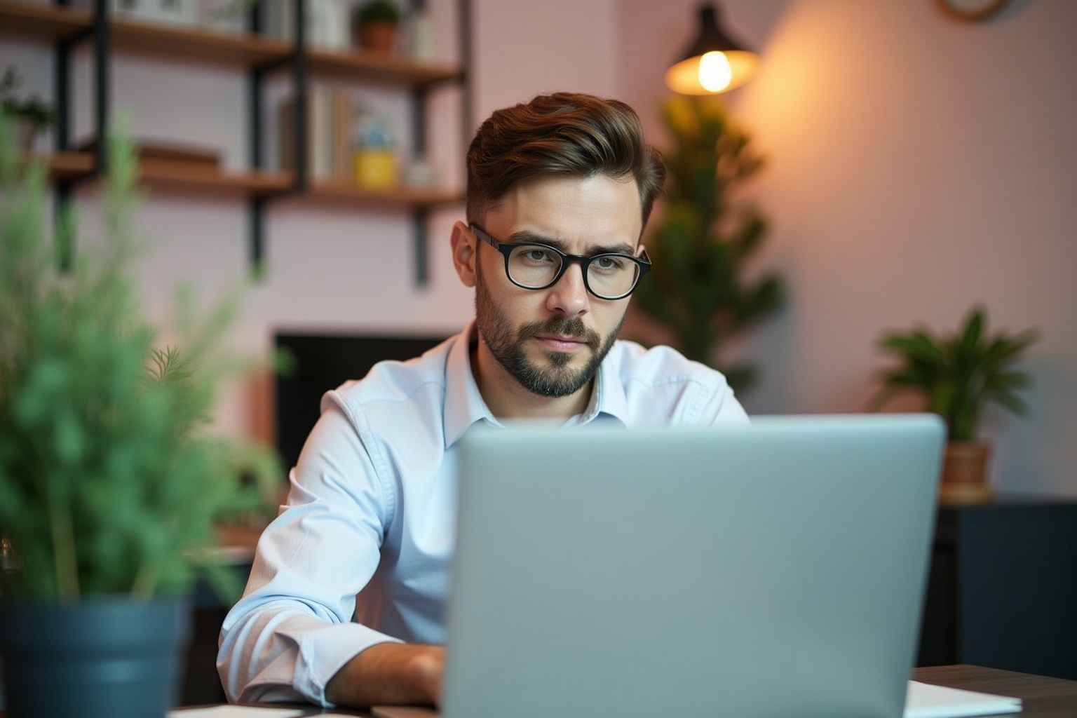 Homme barbu concentré sur son ordinateur portable dans un bureau à domicile.
